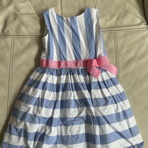 Girls Blue and White Striped Kids Dress with Pink Bow, Size 5T